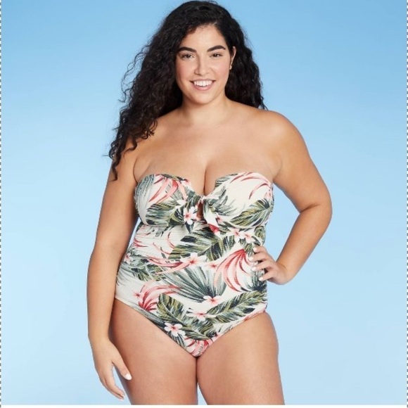 KONA SOL Pique Bandeau High Coverage Tropical Palm One-Piece Swimsuit - Picture 5 of 14